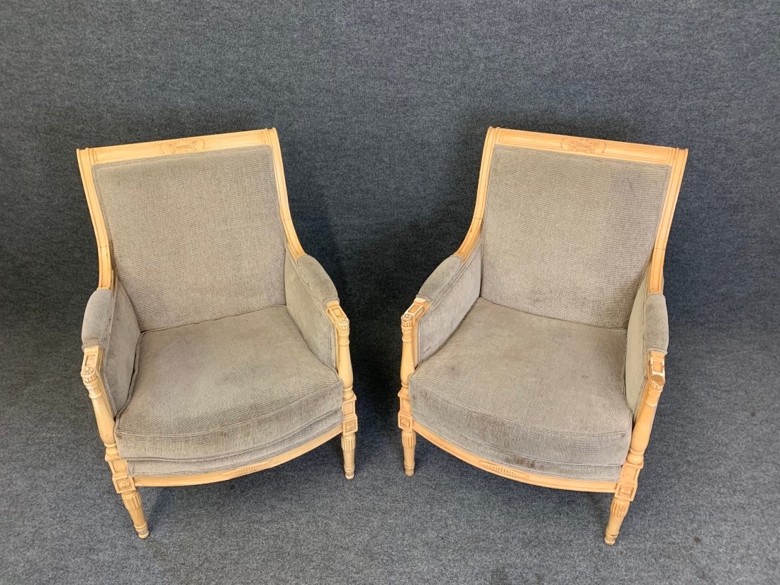 Pair Louis XVI Style Bergeres: 35.25"h x 25.25"w x 21.25"d, 16.5" seat height