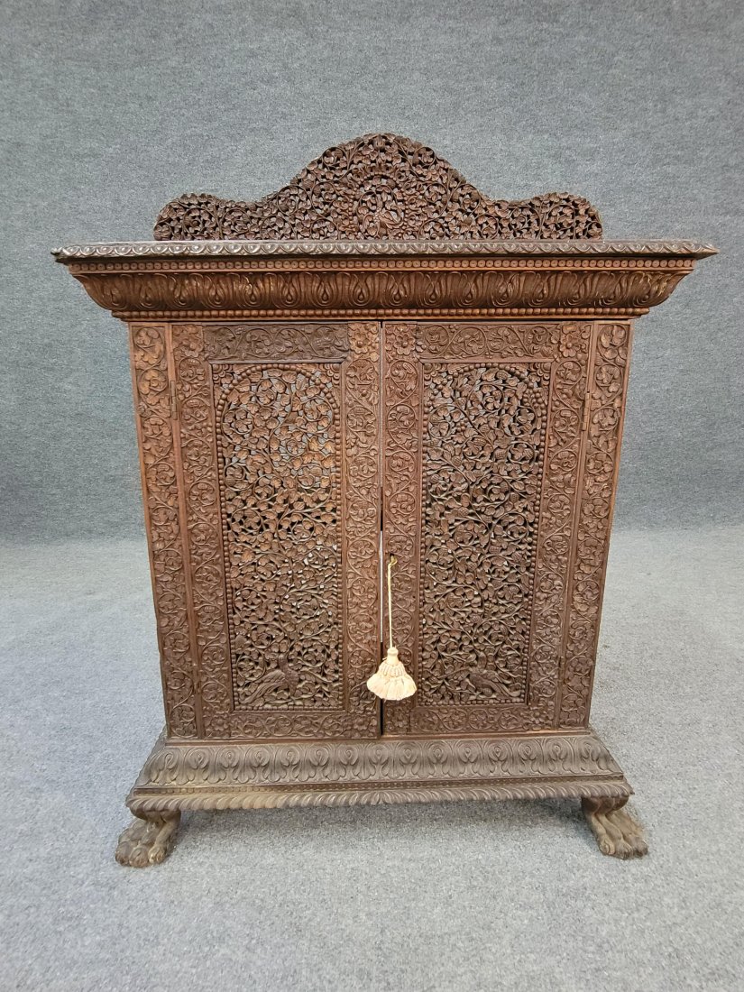 Carved 2 Door Antique Burmese Cabinet: 44.25"h x 32.75"w x 15.75"d