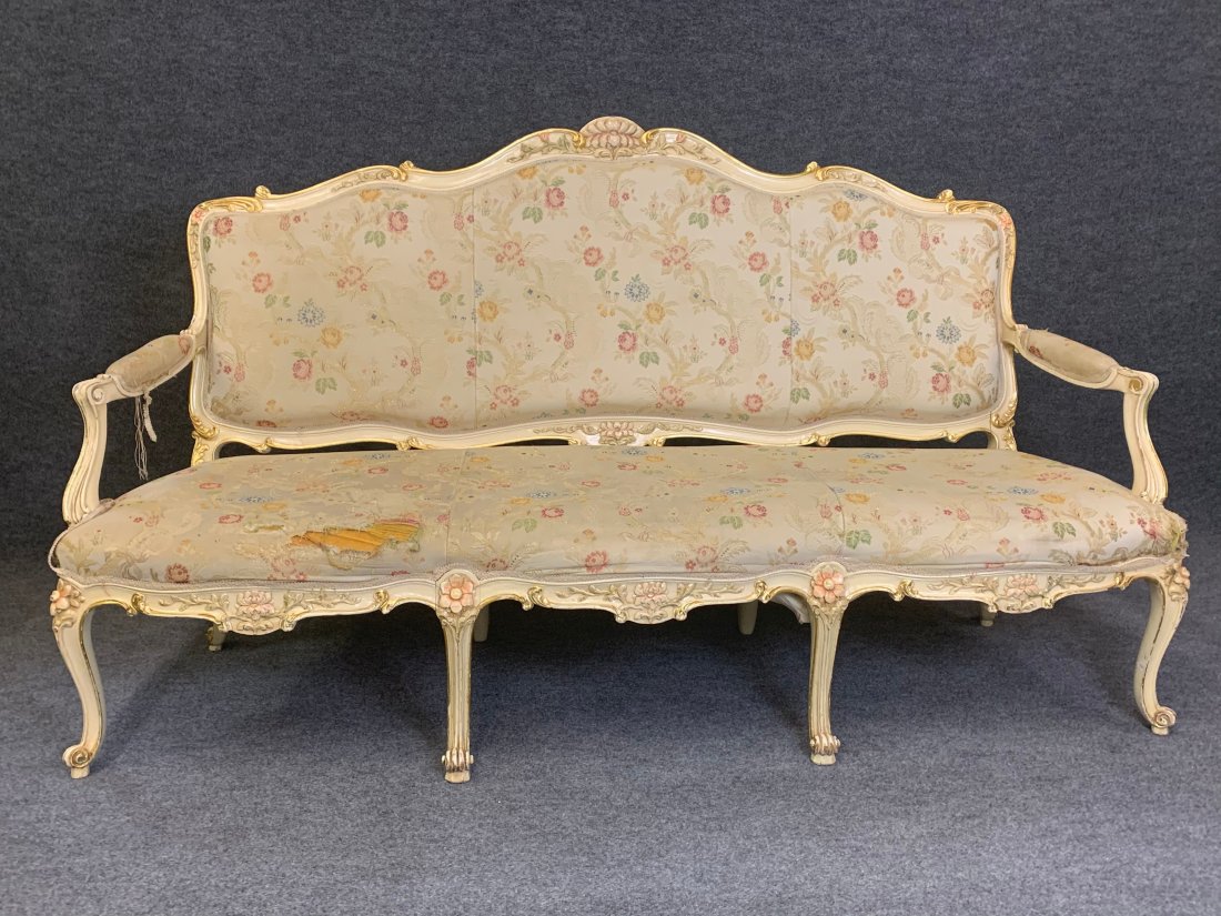White And Gold Painted Louis XV Style Settee: 42"h x 71.5"w x 23"d, 16" seat height