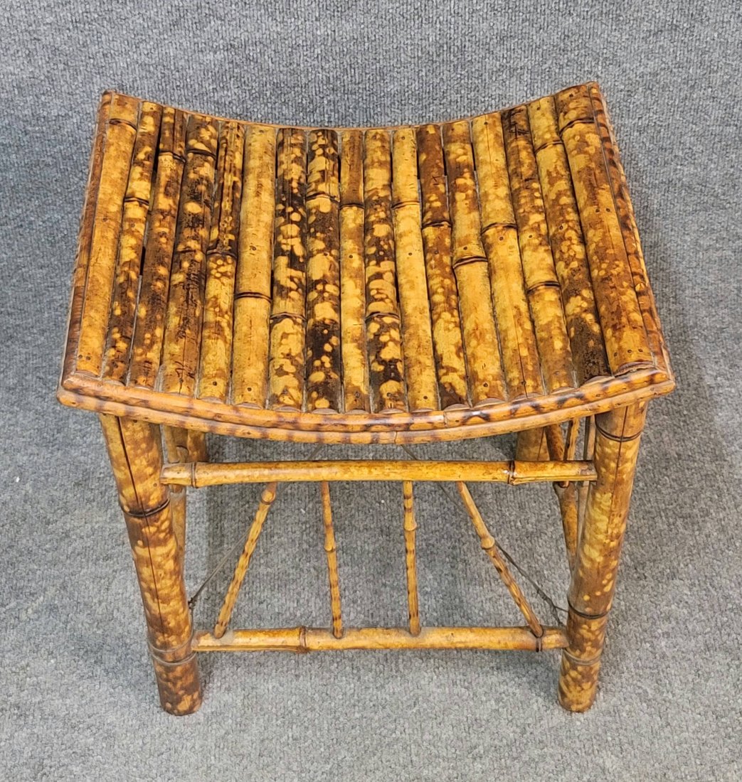 19th Century Victorian Burnt Bamboo Stool: 17.50"h x 17"w x 13.50"d