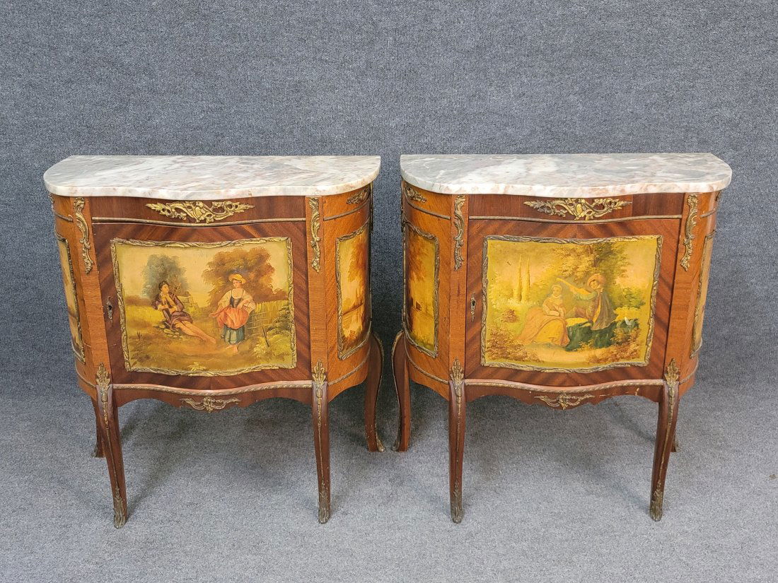 Pair Of Antique French Painted Marble Top Commodes (1 of 6)