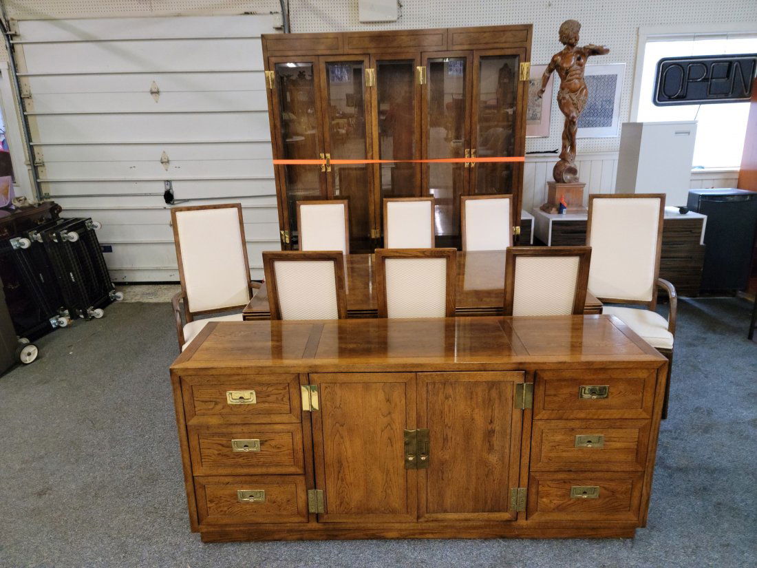 Hendredon Dining Room Set: Cabinet - 82"h x 64.75"w x 15.25"d, Dresser - 30.25"h x 68"w x 18"d, Table - 29"h x 66"w 42"d, Chairs - 43.50"h x 21.75"w x 19"d