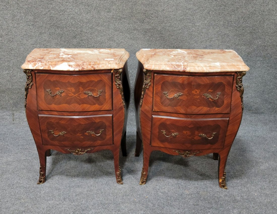 Two Marble Top Bombe Commodes: 25.50h, 20.75w, 12d