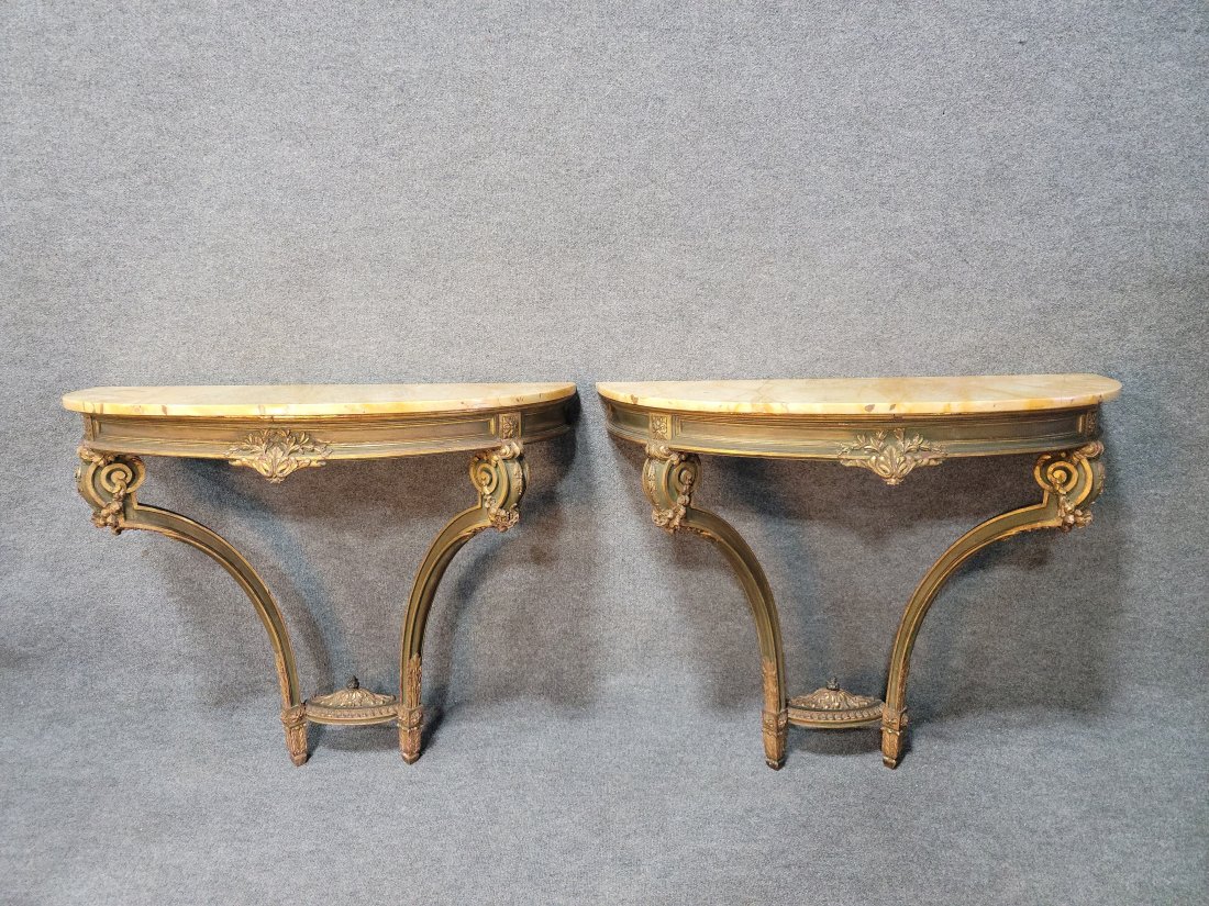 Pair Of Italian Marble Top Antique Consoles: 35.75h, 41.25w, 16.75d