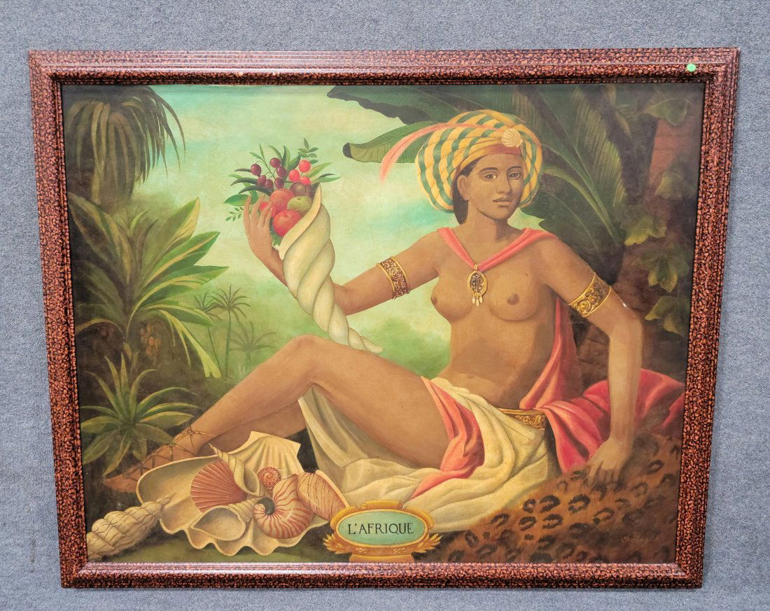William Skilling "L Afrique" American Artist 1862-1964: 53.50h,65.25w------Original Signed Oil On Canvas that is in excellent condition. Painting was hanging in offices of executives in the Taj Mahal in Atlantic City. This is the first time this painting h