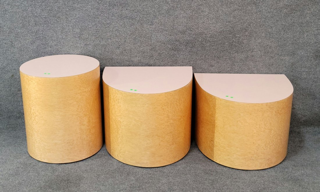 3 Piece Milo Baughman Style Table Set: Big: 22.75h, 20 diameter med: 19.25h, 23.75w, 21d small: 17.25h, 23.75w, 21d