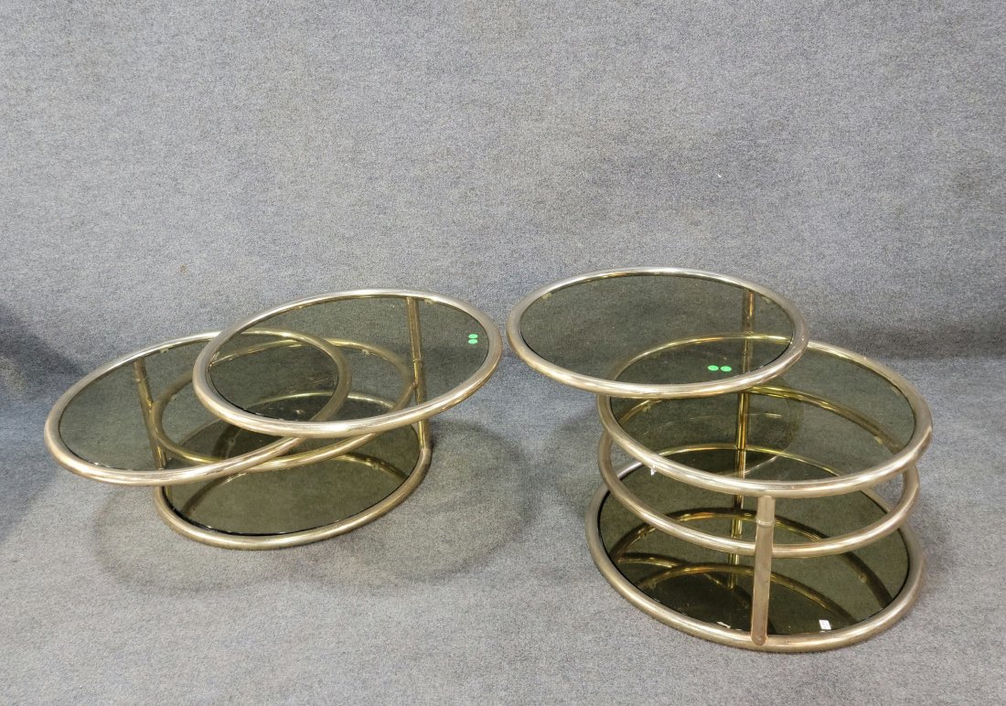 Pair Of Italian Brass End Tables (MISSING ONE GLASS!!!): 18.5h, 25 diameter