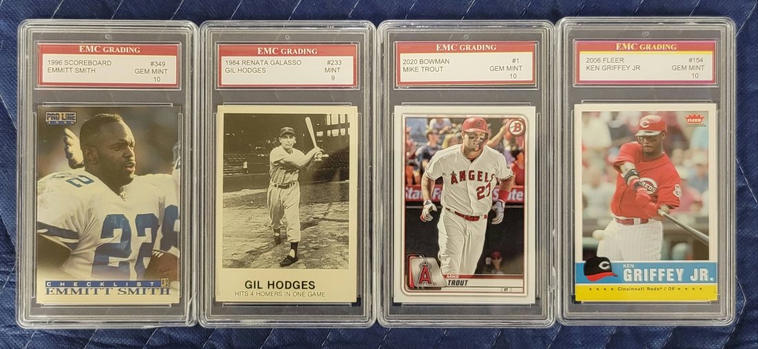 Lot Of 4 Graded Cards: PSA 10 1996 Scoreboard Emmitt Smith, PSA 9 1984 Renata Galasso Gil Hodges, PSA 10 2020 Bowman Mike Trout, PSA 10 2006 Fleer Ken Griffey JR, On consignment from Autographed Legends.