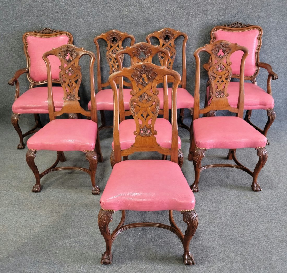 8 Pink Snakeskin Upholstery Chairs: 2 arm 6 side----Arm - 44.75"H, 26.75"W, 25.50"D, 19"SH | Sides - 43"H, 21.50"W, 24"D 18"SH