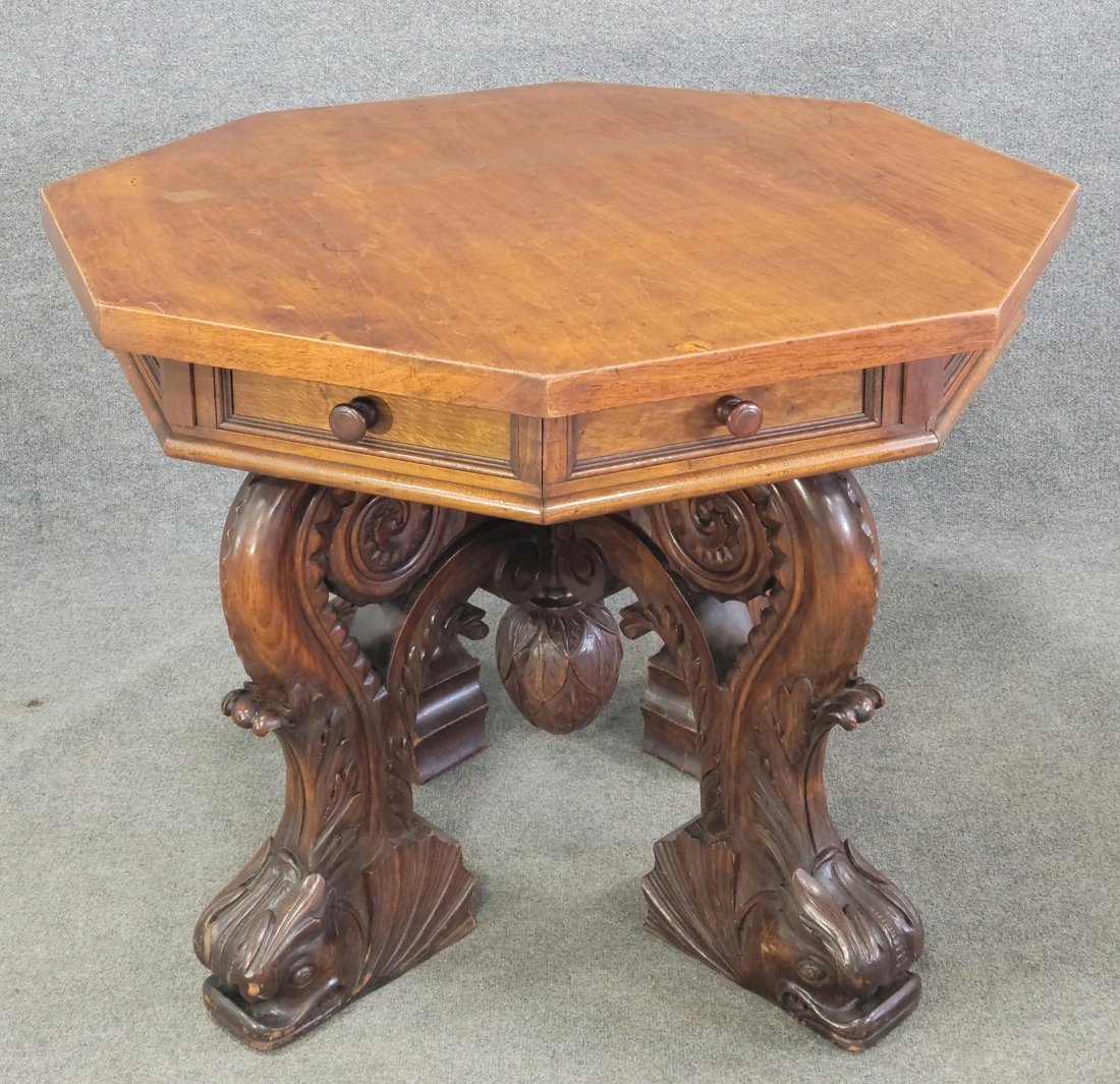 Carved Center Table W/ Carved Serpents As Legs: 30.25"H, 38.75"W, 38.75"D