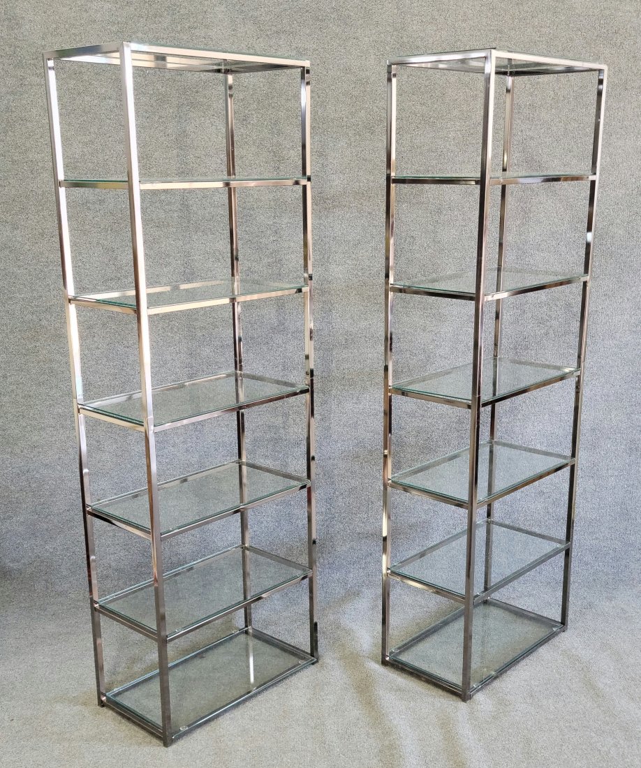 Pair Of Etageres In The Manner Of Milo Baughman: 77.25"H, 26"W, 14"D