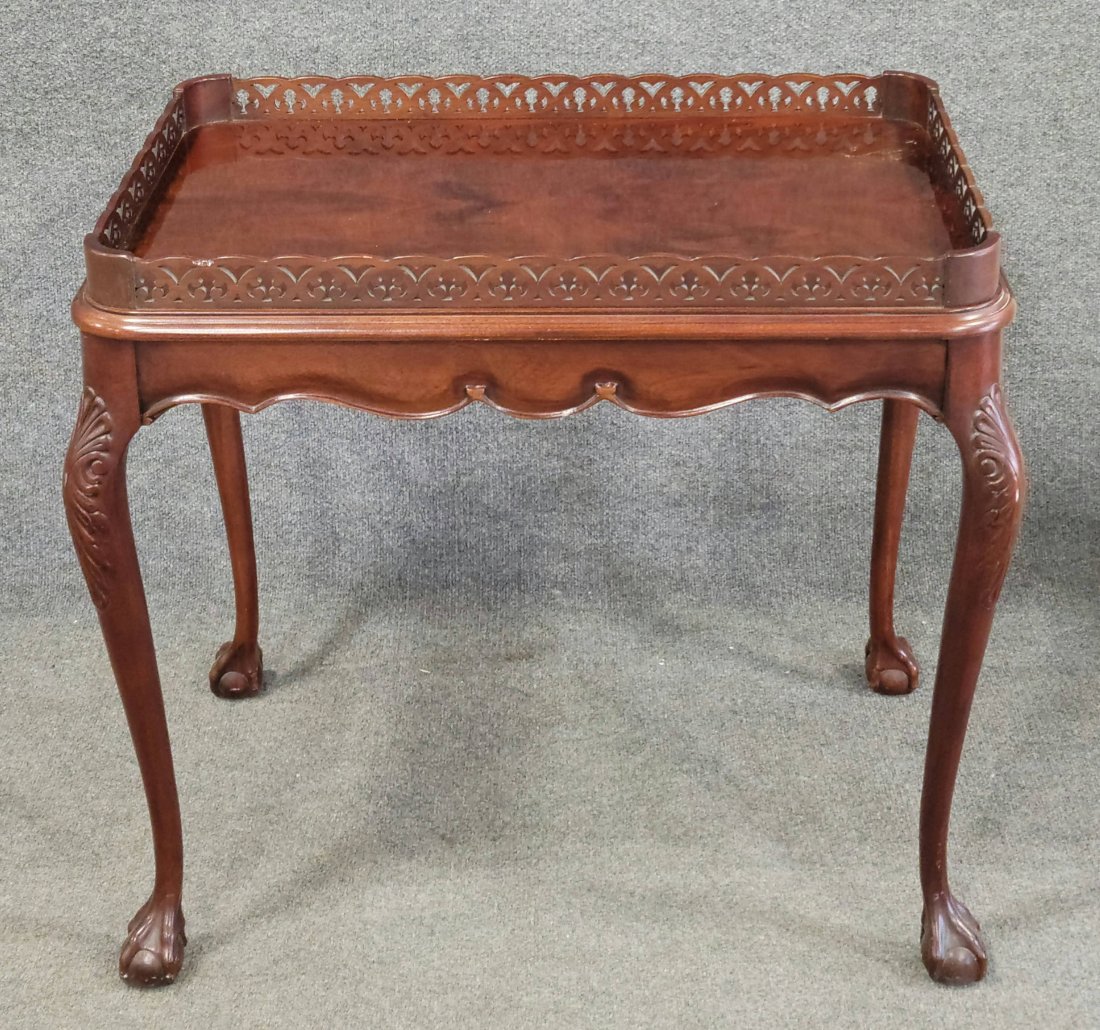 Flame Mahogany Tea Table With Gallery: 27.25"H, 30.50"W, 19.25"D