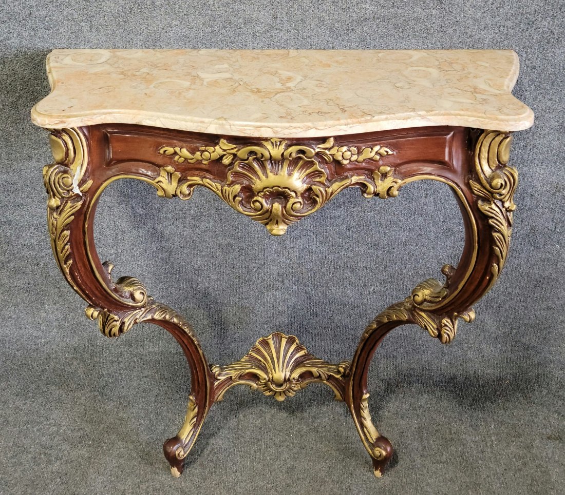 Carved Marble Top Console: 34"H, 33.75"W, 14"D