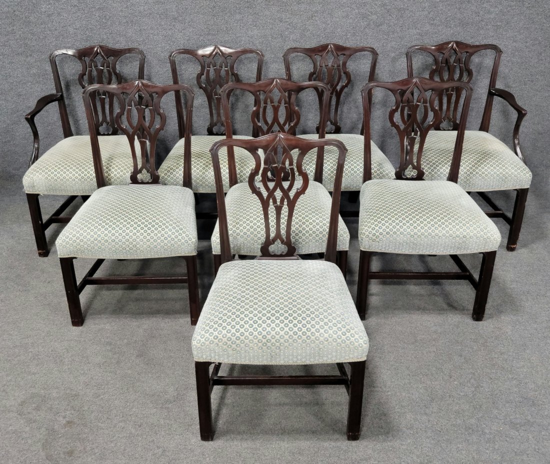 8 Solid Mahogany Henredon Chairs 2 Arms 6 Sides: Arms - 38"H, 24"W, 24.25"D, 19.50"SH | Sides - 38"H, 22.50"W, 24.25"D, 19.50"SH