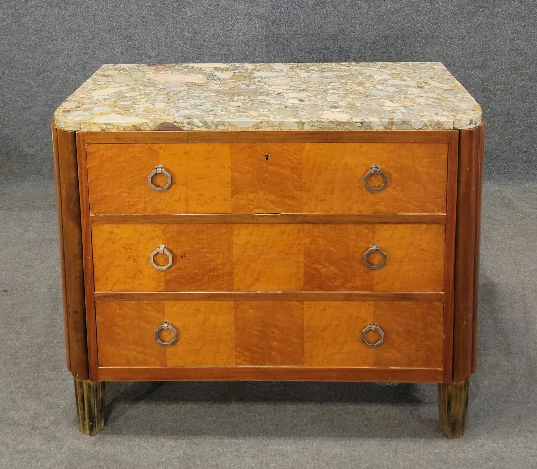 Marble Top Deco Commode In The Manner Of Ruhlmann: 35"H, 45.50"W, 23.50"D