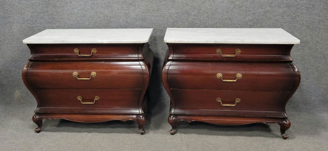 Pair Of Marble Top Bombe Commodes: 33.75"H, 43.25"W, 21.50"D