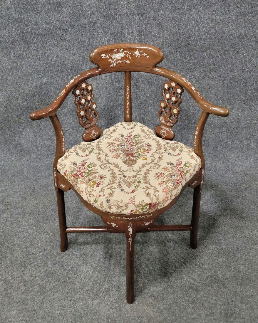 Mother Of Pearl Chinese Corner Chair: 32.50"H, 27.25"W, 21"D, 18.50"SH