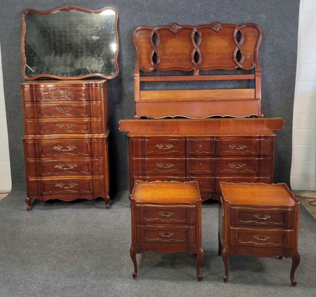 Provincial Bedroom Set: Dresser - 34.75"H, 66"W, 21"D | High Chest - 58.75"H, 39"W, 21"D | Nightstands - 27"H, 21.75"W, 16.75"D | Mirror - 36.25"H, 47.25"W | Headboard - 50.50"H, 60"W | Footboard - 13.50"H, 60"W