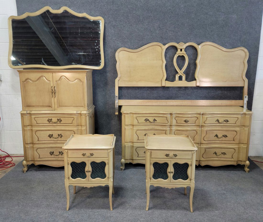 Provential Bedroom Set: Nightstands - 28.50"H, 20.50"W, 15"D | Dresser - 34.50"H, 72"W, 21"D | Mirror - 36.50"H, 56"W | Headboard - 44.25"H, 80"W | High Chest - 56.75"H, 36.50"W, 21"D