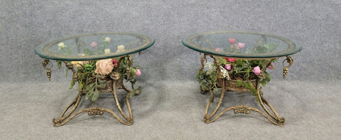 Pair Of Glass Top Bronze Tables: 16.50"H, 28" Diameter