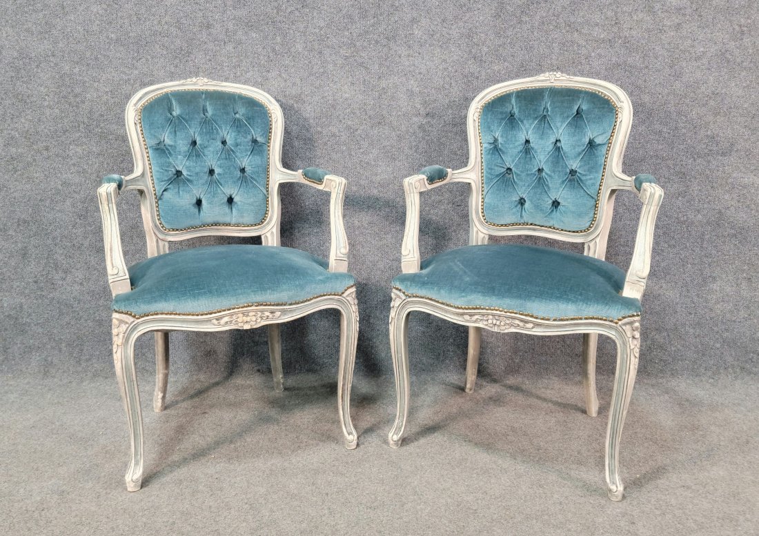 Pair Of Blue Bergere Chairs: 37"H, 23.50"W, 20"D, 17.50"SH