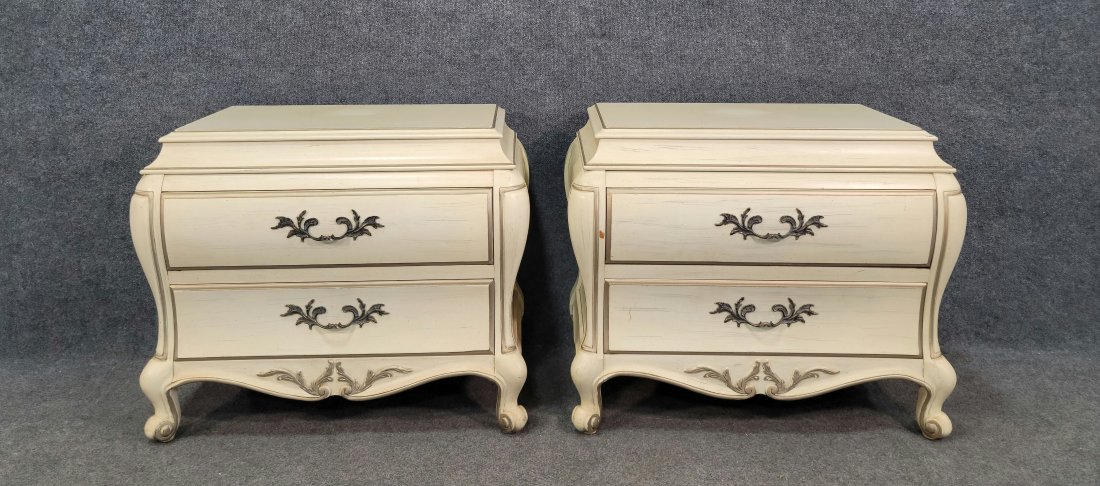 Pair Of White Furniture Bombe Commodes: 26.25"H, 32.75"H, 18.25"D