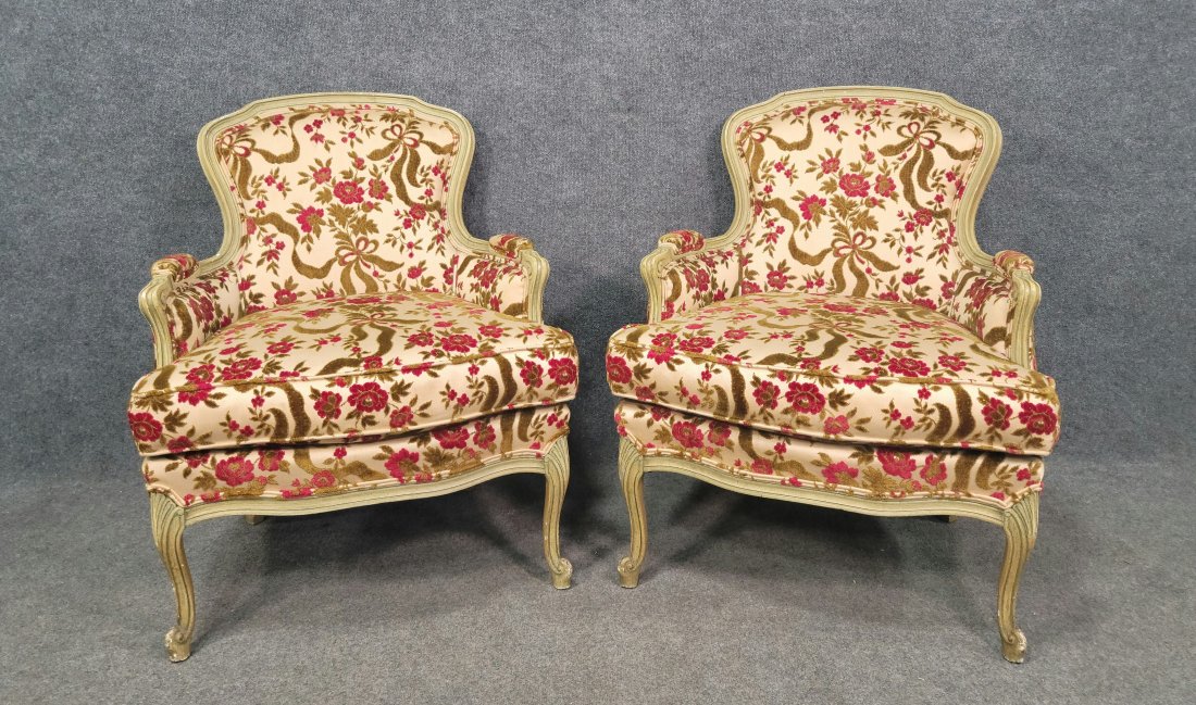 Pair Of Green Painted Fauteuls: 34.50"H, 29"W, 24"D, 19"SH