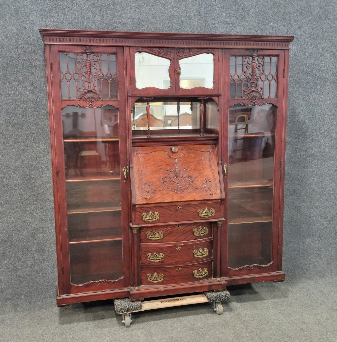 Double Sided Carved Mahogany Texas Desk: 74"H, 63.50"W, 14"D