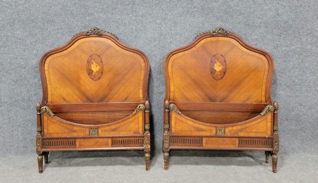 Pair Of Inlaid Twin Beds (No Rails): Headboard - 50"H, 39"W | Footboard - 24.50"H, 39"W