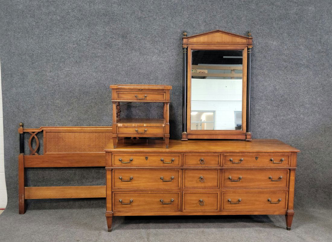 4 Piece Heritage Bedroom Set: Dresser - 32"H, 72"W, 20"D | Nightstand - 23"H, 22"W, 18"W | Mirror - 46.50"H, 29.50"W | Headboard - 39"H, 54.50"W