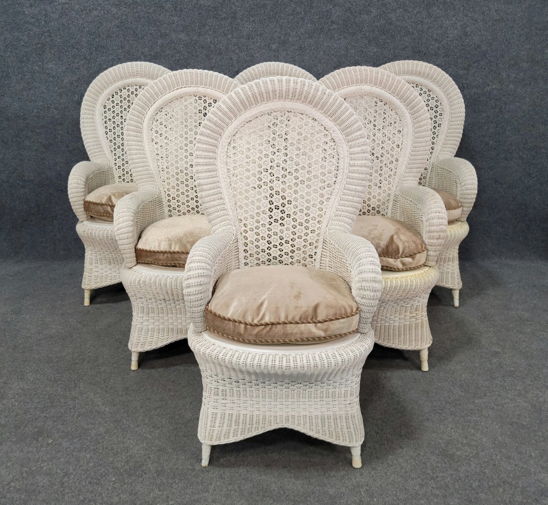 6 Wicker Chairs: 48"H, 25"W, 21"D, 21"SH