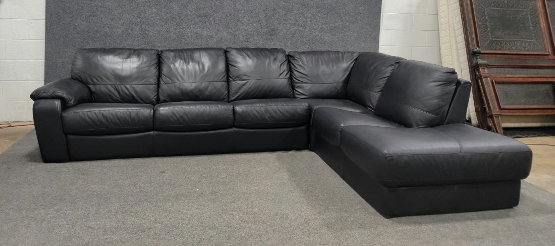 Black Leather Sectional: 30"H, 116"W, 85"D, 96"W from corner to corner