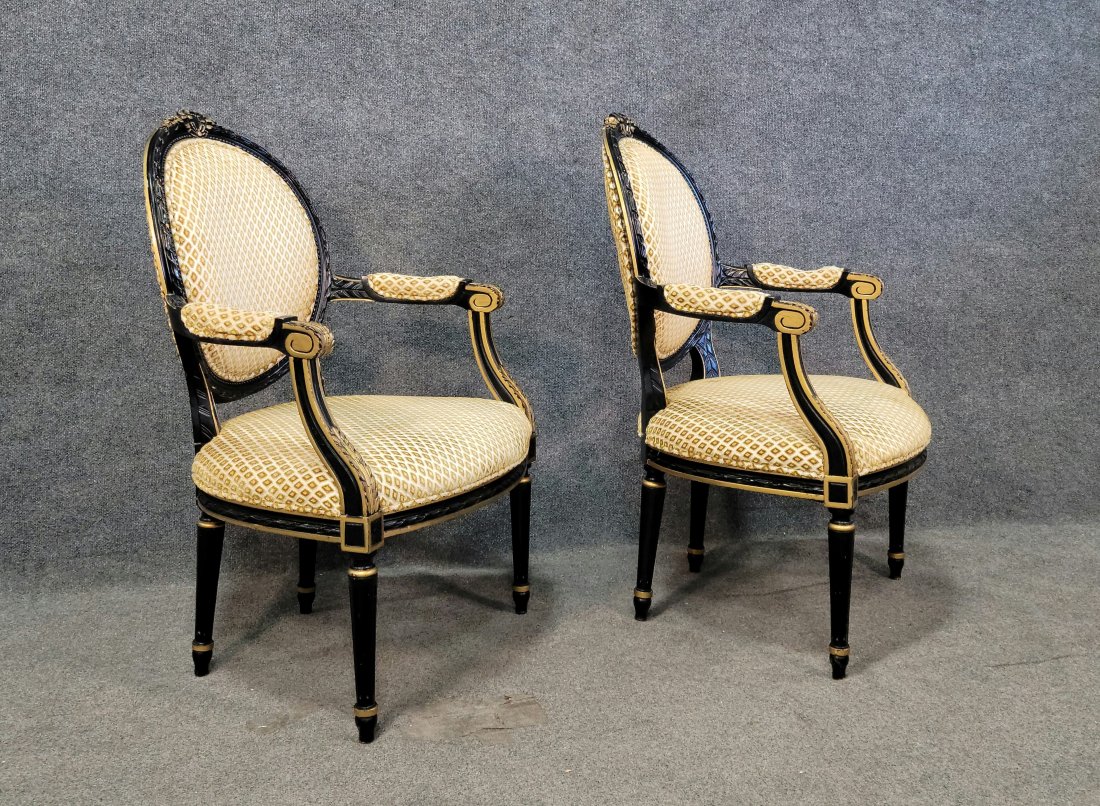 Pair Of Ebonized Bergere Chairs: 36.50"H, 25"W, 20"D, 15"SH