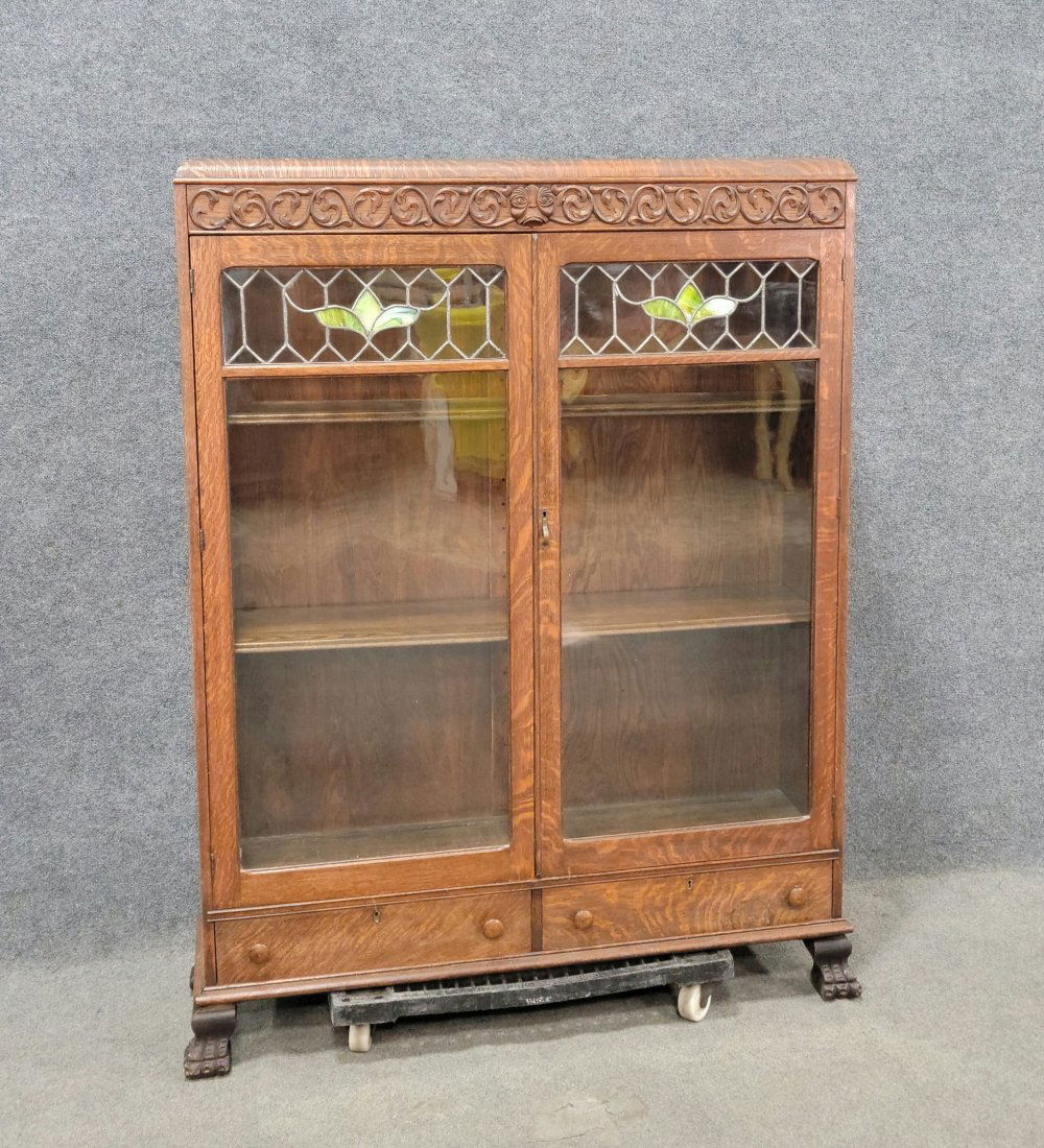 2 Door Oak Stained Glass Bookcase (1 of 7)