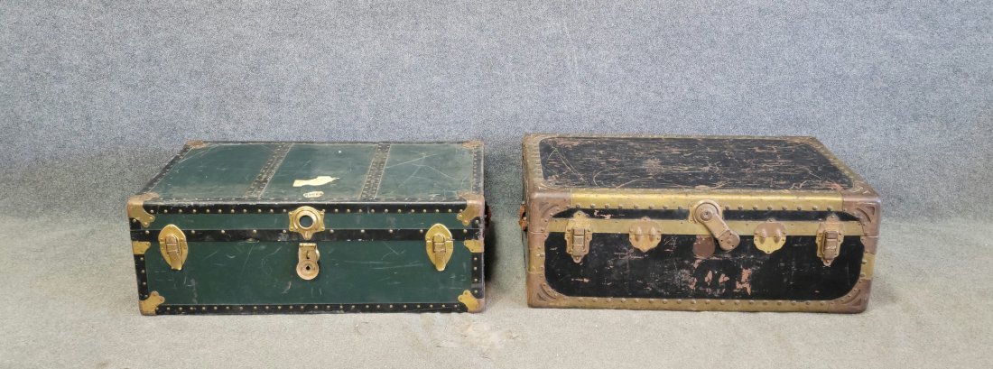 Pair Of Antique Trunks: Green Chest - 13"H, 36"W, 20"D | Black Chest - 13.50"H, 36"W, 21"D