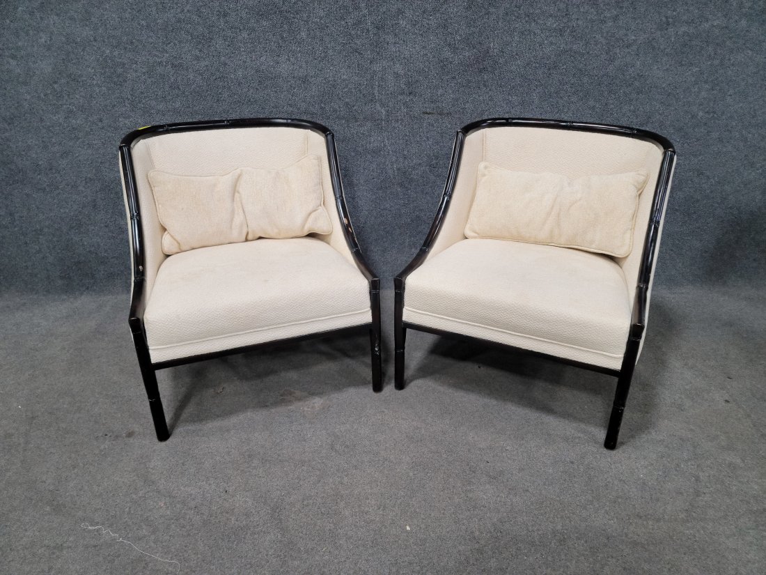Pair Of Faux Bamboo Ebonized Bergeres: (There is a "Palecek" Label) - 31h, 27w, 29d, 16sh