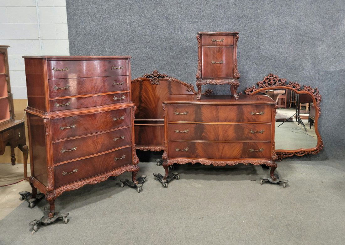 Bedroom Set: High Chest - 55"H, 37"W, 20.50"D | Dresser - 35.75"H, 50.50"W, 23"D | Nightstand- 30"H, 19.50"W, 15"D | Mirror - 47"H, 48"W | Headboard - 49"H, 59"W, | Footboard - 25"H, 59"W