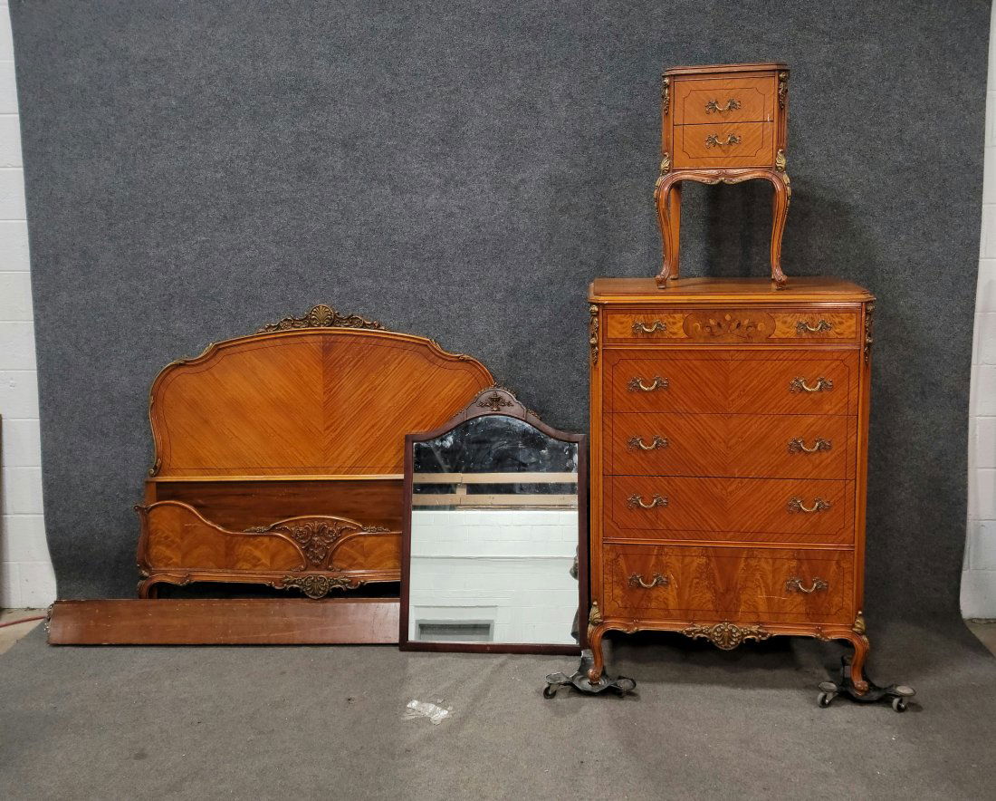 Satinwood Set: High Chest - 53"H, 36.50"W, 21.50"D | Nightstand - 28.50"H, 17"W, 14.50"D | Mirror - 39.50"H, 28"W | Headboard - 50.50"H, 56.50"W | Footboard - 20.50"H, 58"W