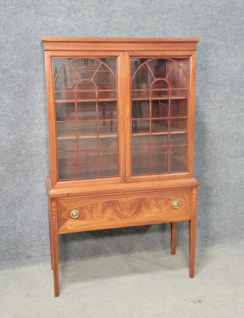 Flint And Horner Style Inlaid Mahogany China Cabinet: 61"H, 37.50"W, 15.50"D