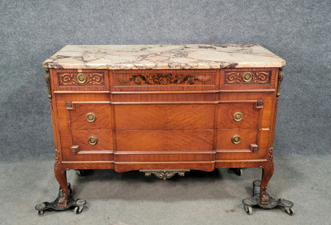 Marble Top Satin Wood French Commode: (Marble Has Been Repaired) - 36.50"H, 52"W, 22.50"D