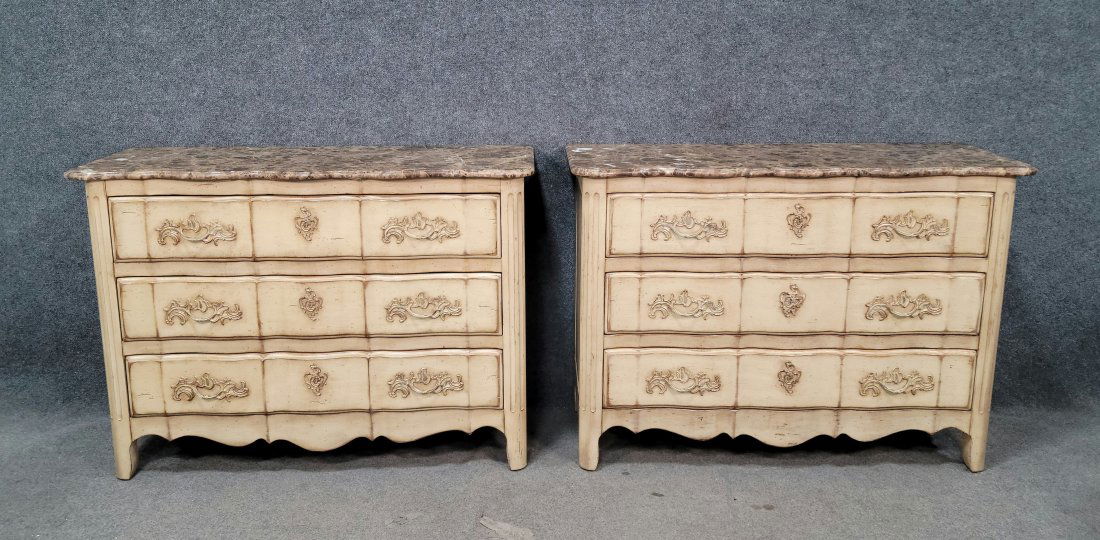 Pair Of Century Marble Top Commodes: 34"H, 48"W, 20"D