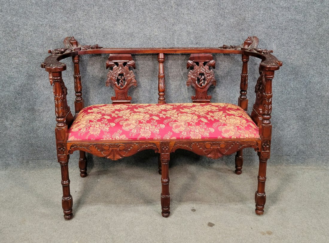 Carved Settee: 35"H, 48"W, 18"D, 18"SH