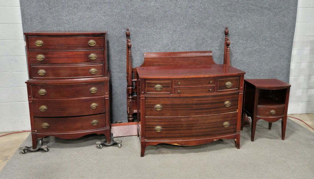 Mahogany Bedroom Set: High Chest - 52"H, 35"W, 19.50"D | Chest - 35.75"H, 46"W, 21"D | Nightstand - 28"H, 16.75"W, 13.50"D | Headboard - 54"H, 55.50"W | Footboard - 48"H, 55.50"W