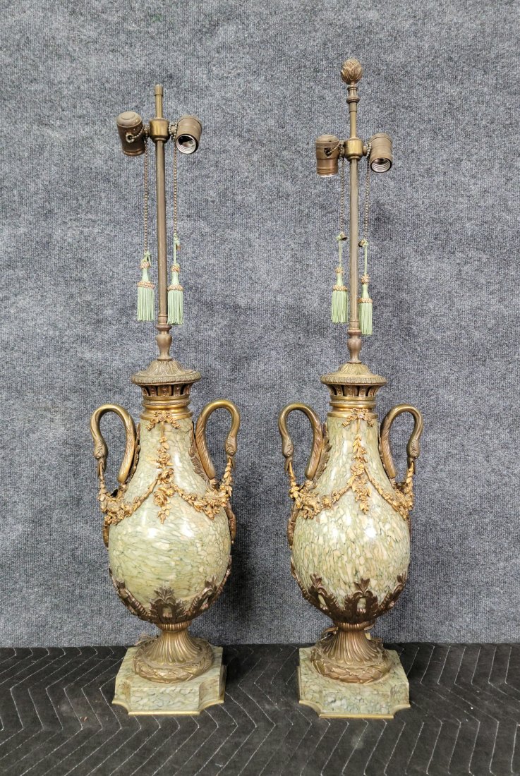 Pair Of Bronze And Marble Castalette Lamps: 37"H, 9"W, 7"D