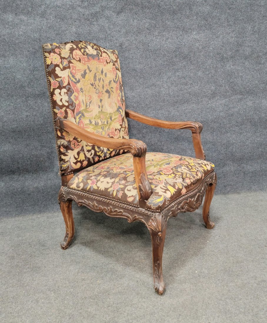 Georgian Needlepoint Open Arm Chair: 46"H, 29"W, 29"D, 17"SH
