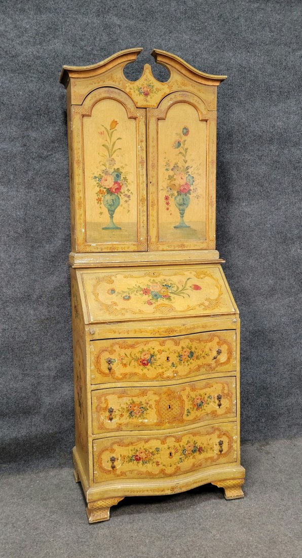 Italian Painted Secretary Desk: 74"H, 27.25"W, 16.25"D