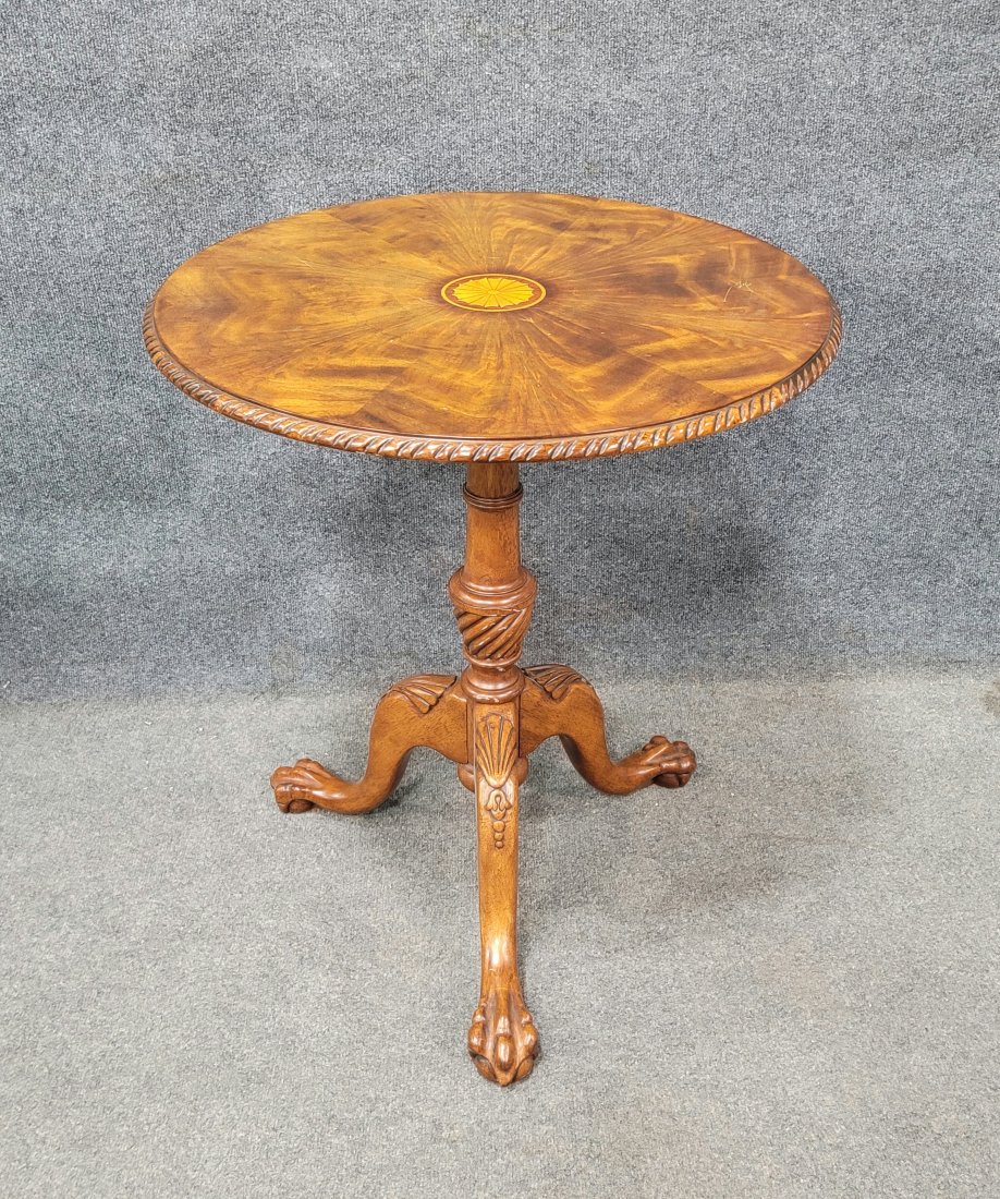 Crotch Mahogany Inlaid Pie Crust Table: 29"H, 26"Diameter
