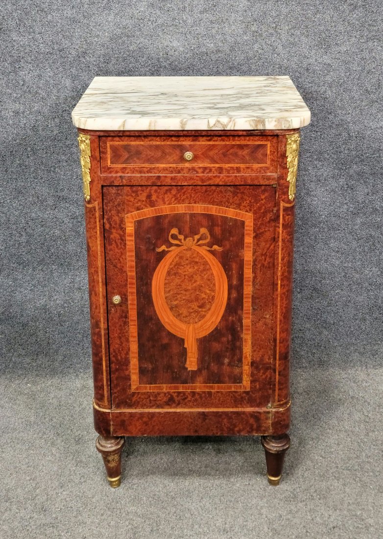 Antique French Inlaid Bronze Mounted Marble Top Nightstand: 32"H, 17"W, 14.50"D