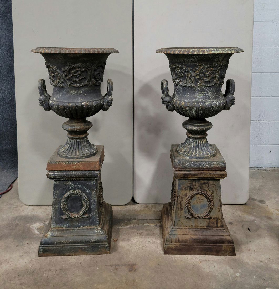 Pair Of Cast Iron Urns With Bases (1 of 5)