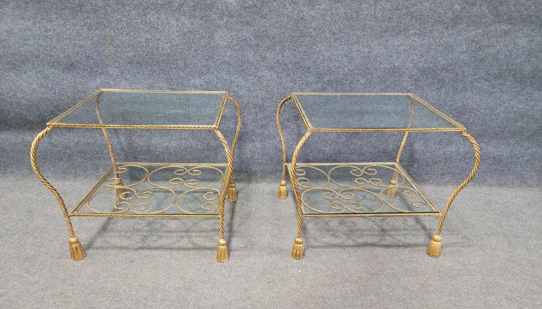 Pair Of Italian Guilt Tassel Tables: 21h, 25.5w, 23.25d